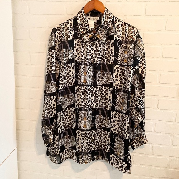 Vintage Button down shirt Long sleeve Mobwife Mixed Animal print Black Sheer 18 - Picture 1 of 14